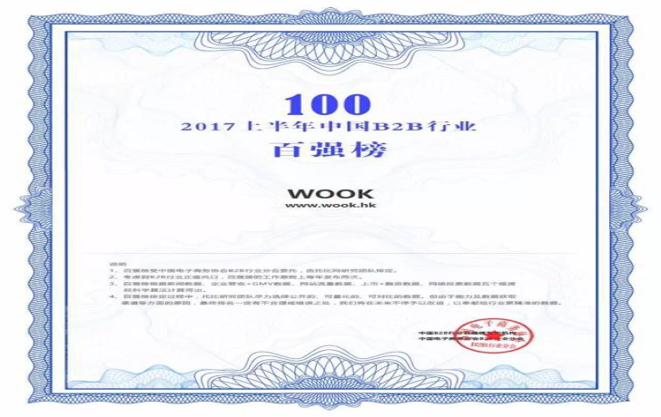100 ngành B2B hàng đầu của Trung Quốc trong ngành B2B của Hiệp hội Thương mại Điện tử Trung Quốc trong nửa đầu năm 2017